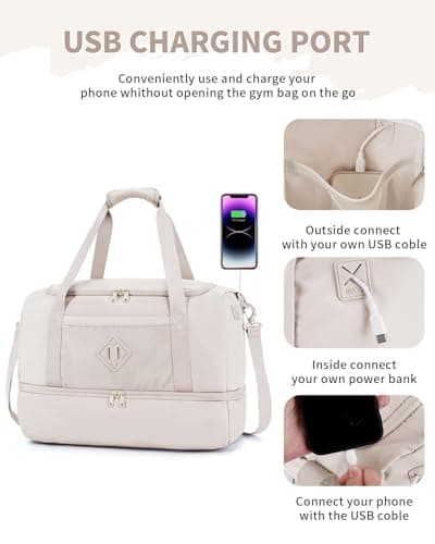 WANDF EasyJet Cabin Bag 45x36x20 - Underseat Travel Duffel with Shoe Compartment, USB Charging Port & Wet Pocket, Carry On Luggage for Overnight Weekend Gym for Women Men (Beige) — view 6
