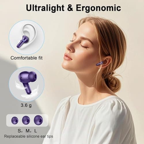 Wireless Earbuds, 2026 Bluetooth 5.4 Headphones in Ear with 6D Deep Bass Stereo Ear Buds, Wireless Headphones Noise Cancelling 4 ENC Mic, Bluetooth Earphones 36H Playtime/IP7 Waterproof/USB-C, Purple. — view 5