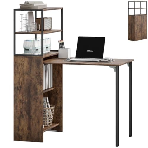 HOMCOM Folding Computer Desk with 4-Tier Bookshelf Study Table Rustic Brown