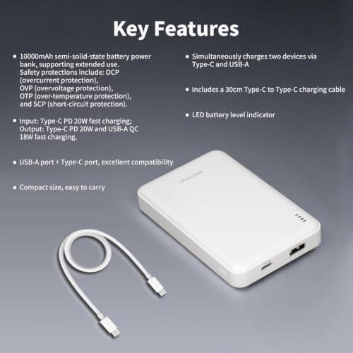 Semi solid power bank 20w10000 mAh-ompact power bank with fast charging support, featuring 1 USB-C port and 1 USB-A port; a mini portable power bank ideal for travelling — view 2