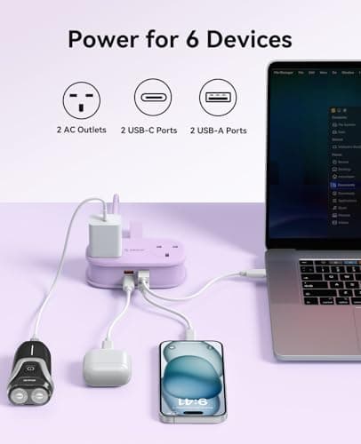 ORICO 65W GaN Travel Extension Lead with USB Slots (2 USB-A/2 USB-C), Flat Plug Power Strip with 2 Way Plug Extension Socket and 1.6M Extension Cord, Fast Charger for MacBook/iPad/iPhone - Purple — view 3