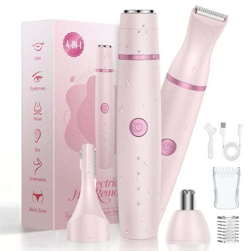 Facial Hair Remover for Women,4-in-1 Bikini Trimmer Women,USB C Mini Lady Shavers with 4-Level Battery Indicator (25%, 50%, 75%, 100%) Eyebrow Razor,Nose Trimmer,for Face Nose/Ear Body,Pink