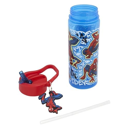 Polar Gear Spiderman Kids 500ml Water Bottle with Straw - Back to School Boys Water Bottle with Spiderman Keyring Charm, Blue & Red — view 6