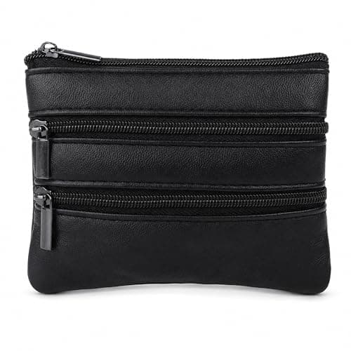 Black Genuine Leather Coin Pouch Wallet Double Zip Compact Travel Purse for Men & Women | Small Coin, Card & Cash Organizer