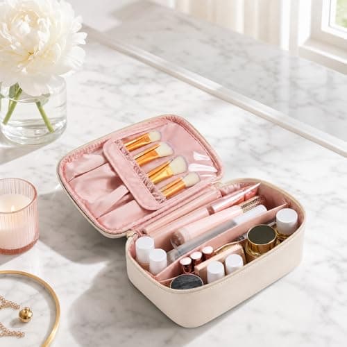 Large Makeup Bag with Compartments for Women, Beige Travel Cosmetic Pouch, Portable Toiletry Organizer Case for Skincare and Beauty Essentials — view 3