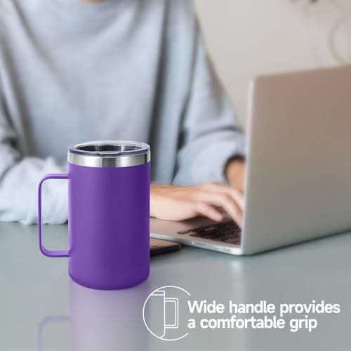 Volhoply 470ml (16oz) Insulated Coffee Mug with Lid and Straw, Stainless Steel Travel Mugs with Handle, Double Wall Vacuum Leak Proof Coffee Tumbler Cup (Purple,1) — view 2