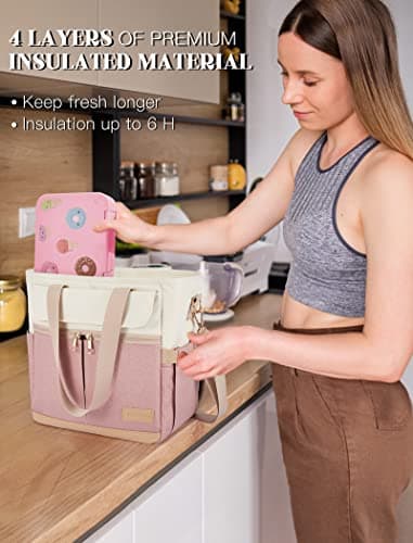 JOYHILL Lunch Bag for Women, Leakproof Insulated Lunch Box with Shoulder Strap, Adult Reusable Lunch Cooler Tote Bags for Work Picnic Camping School Beach, Pink — view 5