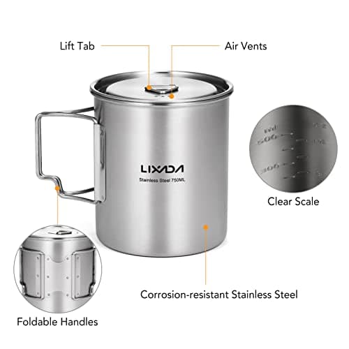 Lixada Camping Water Cup with Foldable Handles and Lid 750ml Stainless Steel Mug Hanging Pot for Camping Hiking Backpacking Picnic — view 2
