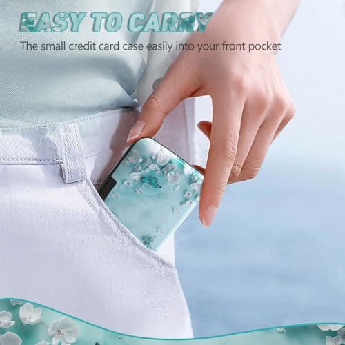 Credit Card Holder, Mini RFID Small Aluminum Card Wallet, Blocking Slim Metal Business Card Case, RFID Blocking Front Pocket Wallet Hard Case Durable CC Holder for Women Girls, Green Teal Butterfly — view 6