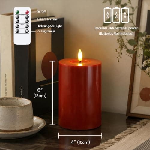 Zevanor Flameless Flickering 10cm x15cm Real Wax Burgundy Remote LED Candles with Candle Grease, Pack of 2 Timer Battery Operated Fake Warm Light Pillar for Home, Banquet, Ceremony Decoration — view 2