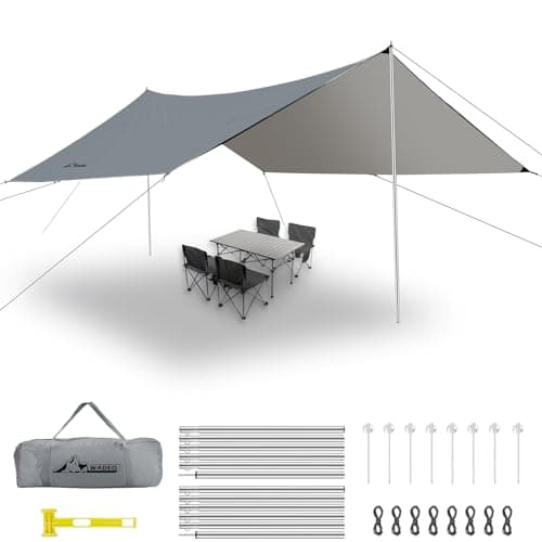 WADEO Camping Tarp Shelter with Poles, Waterproof Heavy Duty Bushcraft Tarp, Rain Fly Hammock Cover, Outdoor Shelter for Camping, Hiking, Festival (Grey - 3.6x4.8m)