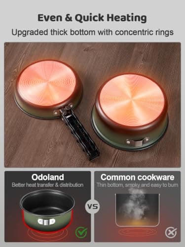 Odoland 5pcs Camping Cookware Mess Kit, Non-Stick Lightweight Pot Pan Kettle Set with a removable handle - Perfect for Backpacking, Camping, Hiking, and Picnic Green — view 3