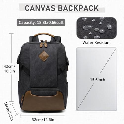Kasgo Backpack for Mens, Vintage 15.6 inch Laptop Rucksack Bag USB Charging Anti-theft Canvas Backpack Casual Daypack School Bag for Women Teens Travel Work Hiking Camping Business, Black — view 2