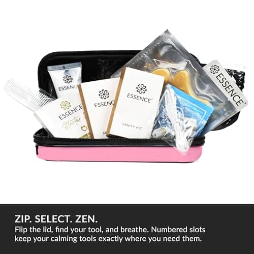 Essence Travel Amenity Kit | Travel Essentials & Travel Size Toiletries Kit | 5-Pack Nasal Diffuser Rings, Sleep Mask, Lotion & Hygiene Kit | Travel Toiletry Kit for Women | Pink Case — view 5