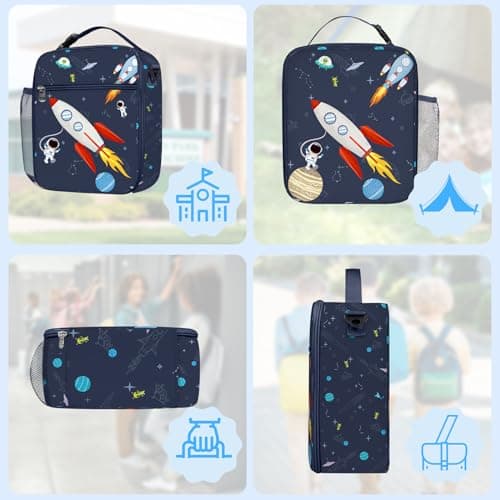 Clastyle Space Insulated Lunch Bag Star Large Thermal Cooler Bag for Kids Picnic Lunch Box Tote, Rocket — view 6
