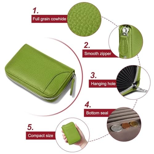 GADIEMKENSD Women Credit Card Holder Small RFID Wallet Zipper for Travel Leather Accordion Wallets Inserts Case Photo Business Cards Organizer Cute Compact Credit Card Slot Cash Slots Apple Green — view 6