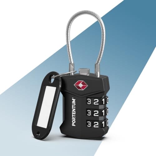 PORTENTUM TSA Approved Luggage Locks with 3 Digit resettable Combination – Suitcase Locks with Flexible Steel Cable and ID tag – Padlock for Suitcase for zips Backpacks Bags and lockers