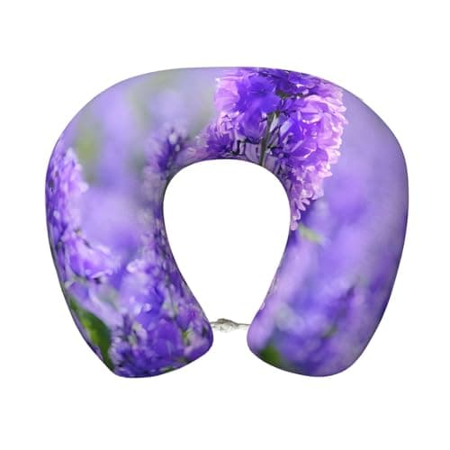 AUGUSTRUSH Memory Foam Neck Pillow - Travel Pillow With Adjustable Clasp, Removable Washable Cover For Airplane Office Car, Ergonomic Support Comfortable U-Shaped Pillow, Purple Lavender Flowers Print
