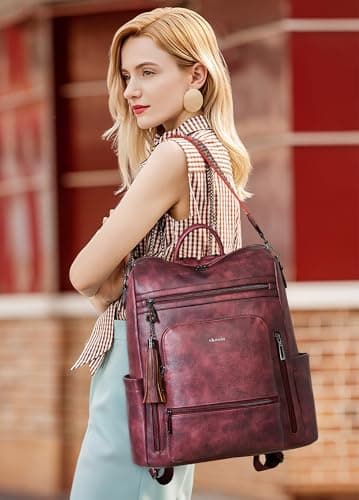 Shrrie Vegan Leather Laptop Backpack for Women 15.6 inch Work Backpack Fashion Travel Backpack Purse for Business College-Two-tone Maroon — view 2