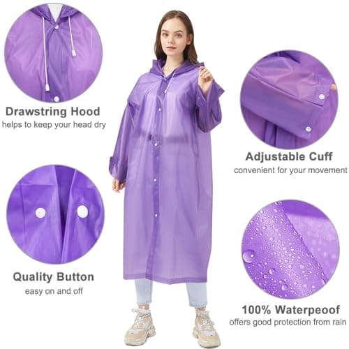 UPSEN Rain Ponchos for Adults, Reusable Raincoats for Women Men, 2 Pack Emergency Rain Jacket with Hood for Disney Outdoor, Purple — view 4