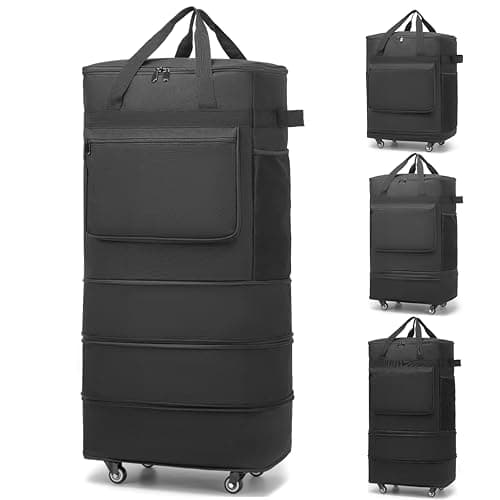 Foldable Duffel Bag, Large Rolling Travel Duffle Bag with Wheels Waterproof Collapsible Expandable Carry on Luggage for Women Men Duffel Bag with Wheels and Handle-Black