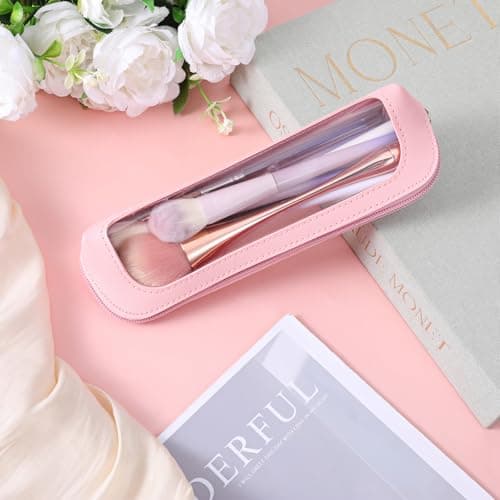 Small Clear Makeup Bag, PU Leather Travel Makeup Brush Bag Portable Transparent Waterproof Cosmetic Organizer Pouch with Zipper for Women Home Travel Office Cosmetic Storage (Pink) — view 3