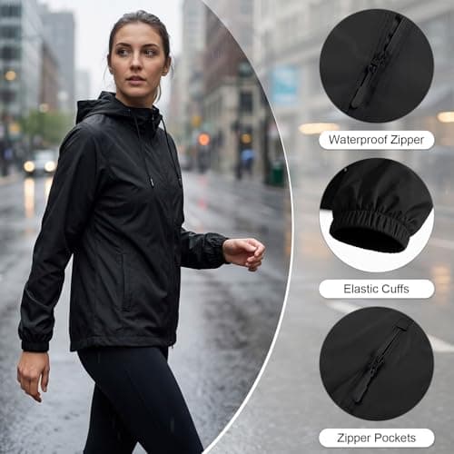 Fjquamitix Women's Jackets Lightweight Waterproof Jacket With Hooded Packable Waterproof Raincoat Women Rain Coat Ladies Summer Jackets For Hiking Travel (UK, Alpha, L, Regular, Regular, Black) — view 4
