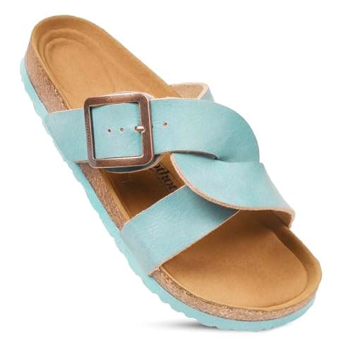 AEROTHOTIC Cork Recovery Slides for Women with Plantar Fasciitis Relief Comfortable Suede Footbed with Adjustable Buckle Cross Strappy Slip on Casual Travel Walking Beach Ladies Sandals, Kai Turquoise