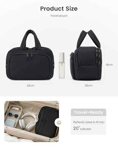 LOVEVOOK Travel Toiletry Bags for Women, Large Capacity & Wide-Open Make Up Bag, Lightweight Puffer Cosmetic Makeup Organiser Wash Bag with Handle for Toiletries, Accessories, Essentials, Black — view 3