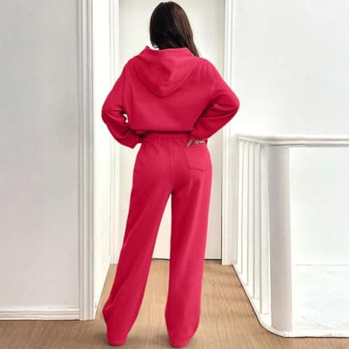Tracksuit Womens Full Set Oversized 2 Piece Outfits Long Sleeve Hoodie and Sweatpants Women Lounge Wear Sets Fashion Sweatsuits Wide Leg Jogger Loose Loungewear Gym Fitness Activewear Set Red S — view 3