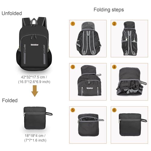 Bekahizar 20L Ultra Lightweight Backpack Foldable Hiking Daypack Rucksack Water Resistant Travel Day Bag for Men Women Kids Outdoor Camping Mountaineering Walking Cycling Climbing (Black) — view 3