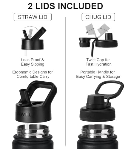 SUNWILL Metal Water Bottle with Straw Stainless Steel, 650ml Insulated Leakproof Thermal Flask for Cold and Hot Drink, Travel, Sports, Gym, Black — view 2