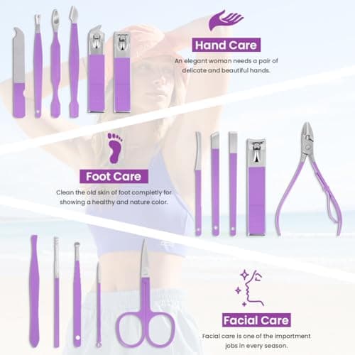 LOPHE Professional Manicure Set, 16pcs Portable Nail Clippers & Eyebrow Grooming Kit, Stainless Steel Nail Care Tools with Luxurious Leather Case for Travel & Home(Purple) — view 3