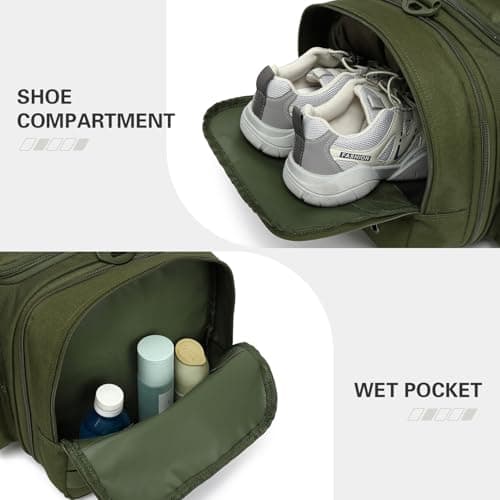 Tonruyn Tactical Duffle Bag Backpack for Men 40-45L Expandable Military Travel Duffel & Sports Holdall Gym Bag with Shoe Compartment Wet Pocket Medium Weekender Overnight for Camping Luggage, Green — view 4