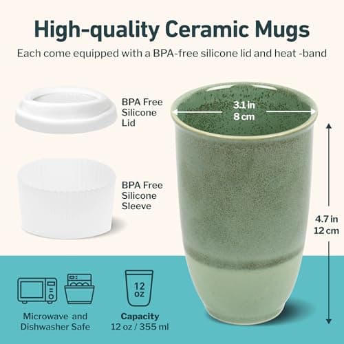 NOVA CERAMICS Travel Mug On the Go Coffee Tumbler Microwave & Dishwasher Safe Green Coffee Tumbler - Gifts for Women Men Him Her 355ml Emerald — view 3
