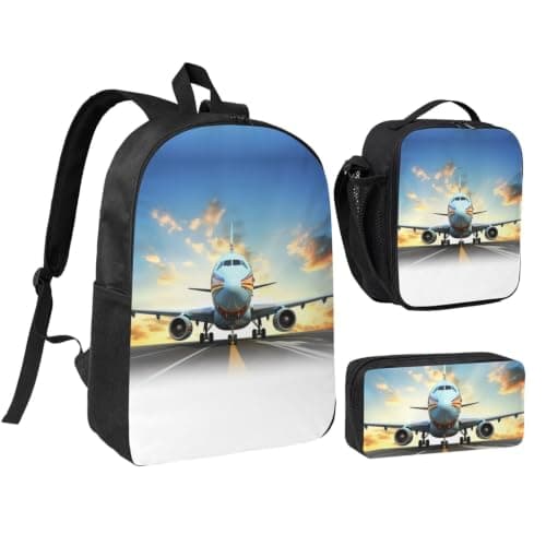 QMKFWT backpack airplane Backpack Set 3 PCS - 17 Inch Laptop Backpack with Lunch Bag, Waterproof Daypack Insulated Lunch Box Large Capacity Coin Pouch Personalized Gift