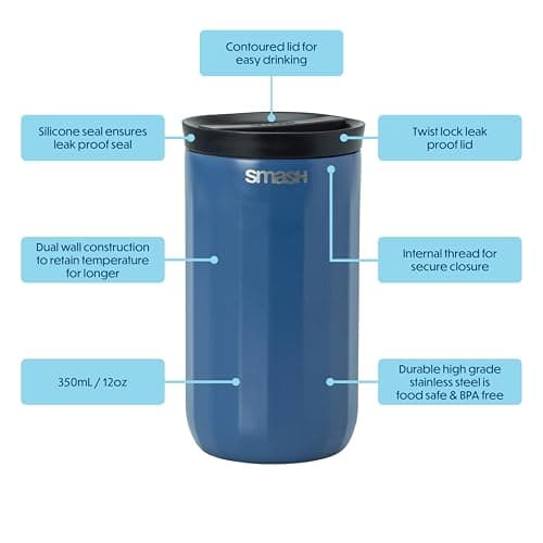 Smash Stainless Steel Twist & Lock Linear Travel Coffee Mug 350ml/ 12 fl oz Blue — view 2