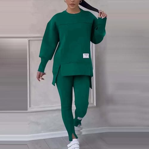 NSICBMNO Green Womens Tracksuit Set 2 Piece Outfits Oversized Sweatshirts Gym Leggings Airport Out Long Jumpers Split Hem Trousers Casual Co Ord Sets Winter Lounge Wear Sets For Gym Sports Travel — view 3