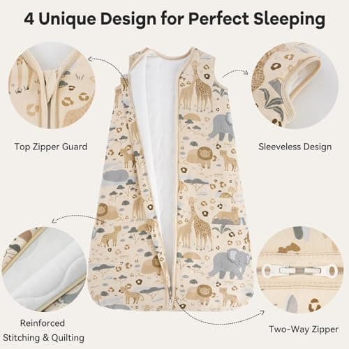 Unnivoll Baby Sleeping Bag 2.5 Tog 0-6 Months 100% Cotton Winter Sleeping Bag Baby 2-Way Zipper Quilted Sleep Sack for Newbron Infant Warm Soft Apricot Zebra — view 3
