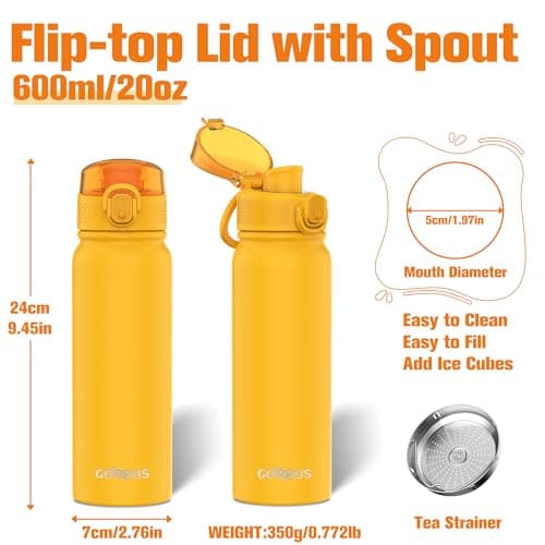 GOPPUS 600ml/20oz Insulated Water Bottle with Spout Lid (No Straw) Leakproof Stainless Steel Sports Bottle with One Hand Open Lid Double Wall Flask with Handle Keeps Drinks Cold BPA Free (Yellow) — view 2
