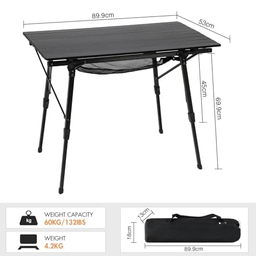 Portal Camping Tables That Fold up 90×53cm Picnic Table Folding Portable with Height Adjustable Legs Collapsible 3ft Aluminium Rollup Outdoor Lightweight Foldable for Beach Fishing Garden BBQ — view 3