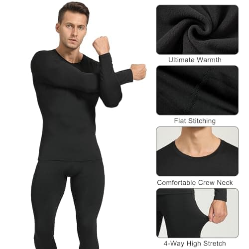 HYCOPROT Mens Thermal Underwear Set Thermal Long Sleeve Tops and Long Johns Bottoms Base Layer Fleece Lined Compression Suit Quick Drying Breathable or Ski Winter Sports (Black, M) — view 2