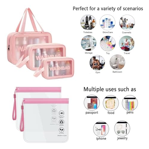WUBAYI 5Pcs Clear Toiletry Bag, Waterproof PU Makeup Bag with Zipper Handle, Portable Airport Cosmetic Bag for Women & Men, Travel Accessories Wash Bag for Travelling & Holiday (Pink) — view 4