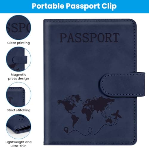 AOOTE Passport Holder Cover Wallet Case, PU Leather RFID Blocking Passport Cover Case with Card Slots, Passport Holder for Passports Ticket Boarding Passes Credit Cards Business Cards, Dark Blue — view 5