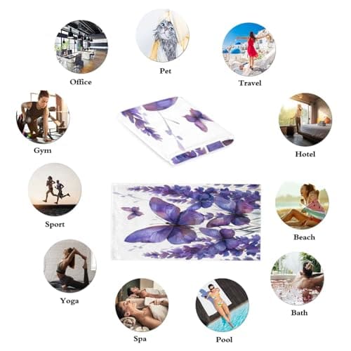 Tablerazzi Hand Towels for Bathroom Set of 2, Butterfly with Purple Lavender Decorative Bath Hand Towels, Soft Microfiber Absorbent Towel for Fitness, Yoga, Travel, Camping, Gym — view 5