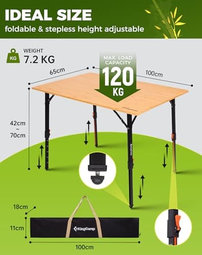 KingCamp Folding Camping Table Bamboo Adjustable ht. 16-27" up to 264lbs — view 2