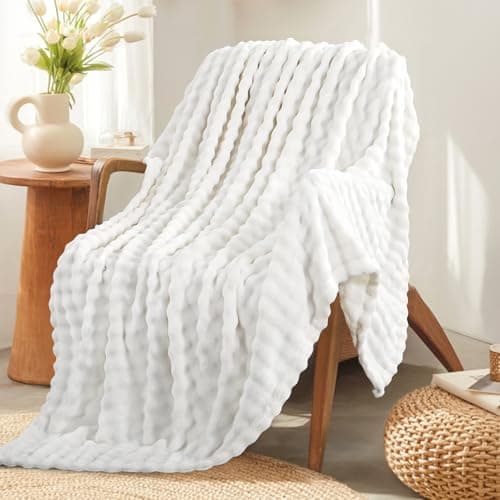 RUIKASI Fleece Throw Blanket for Sofa - White Single Fluffy Bubble Throws Cozy Blanket with Reversible Design, Throw 130x150 cm — view 2