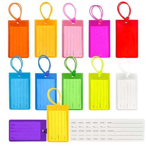 Mziart 12 Pack Luggage Tags for Suitcases, PVC Travel Luggage Tag Cruise Bag Tags for Luggage Identifiers Colorful Baggage Name ID Labels with Loops & 6 Additional Cards