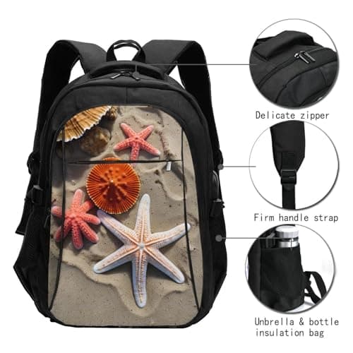 ZHANLEI Starfish and Coral on Beach Printed Backpack,Travel Laptop Backpack for Men Women with USB Charger Port, Starfish and Coral on Beach, One Size — view 3