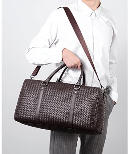 Leather Travel Duffle Bag for Men, Woven Carry On Weekender Overnight Bags for Business Sports Gym Brown — view 6